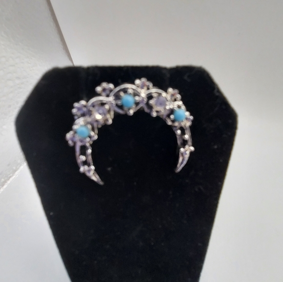 Vintage Silvertone Brooch w/ Clear Rhinestones & Turquoise Beads. VGC & Pretty! - Picture 5 of 11